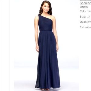 Micro-Pleated Mesh One Shoulder Bridesmaid Dress Navy